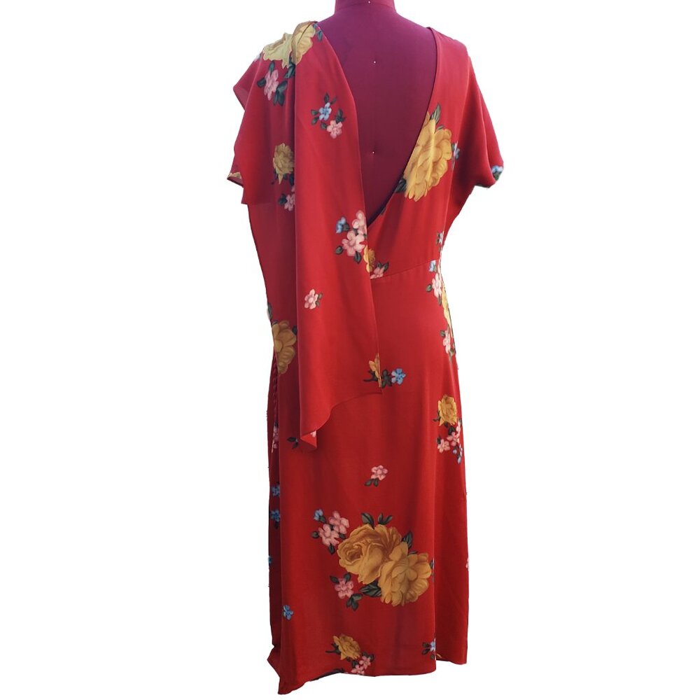 Magda Butrym Dress Red Floral Silk Short Sleeves Asymmetric Hem Midi 38 - Picture 6 of 10